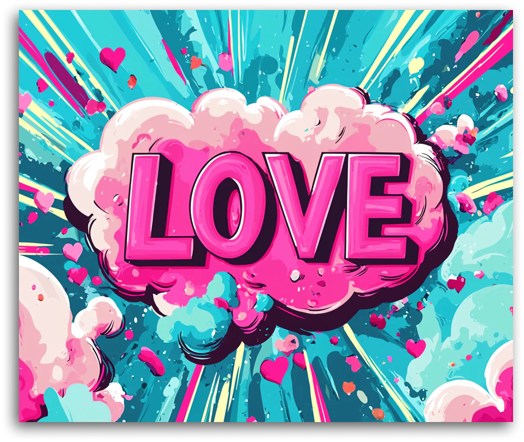 Ten energetyczny obraz przedstawia dynamiczną eksplozję z chmurą w kształcie serca i napisem "LOVE" w stylu komiksowym. Idealny dla fanów wyrazistej sztuki i pozytywnych emocji.