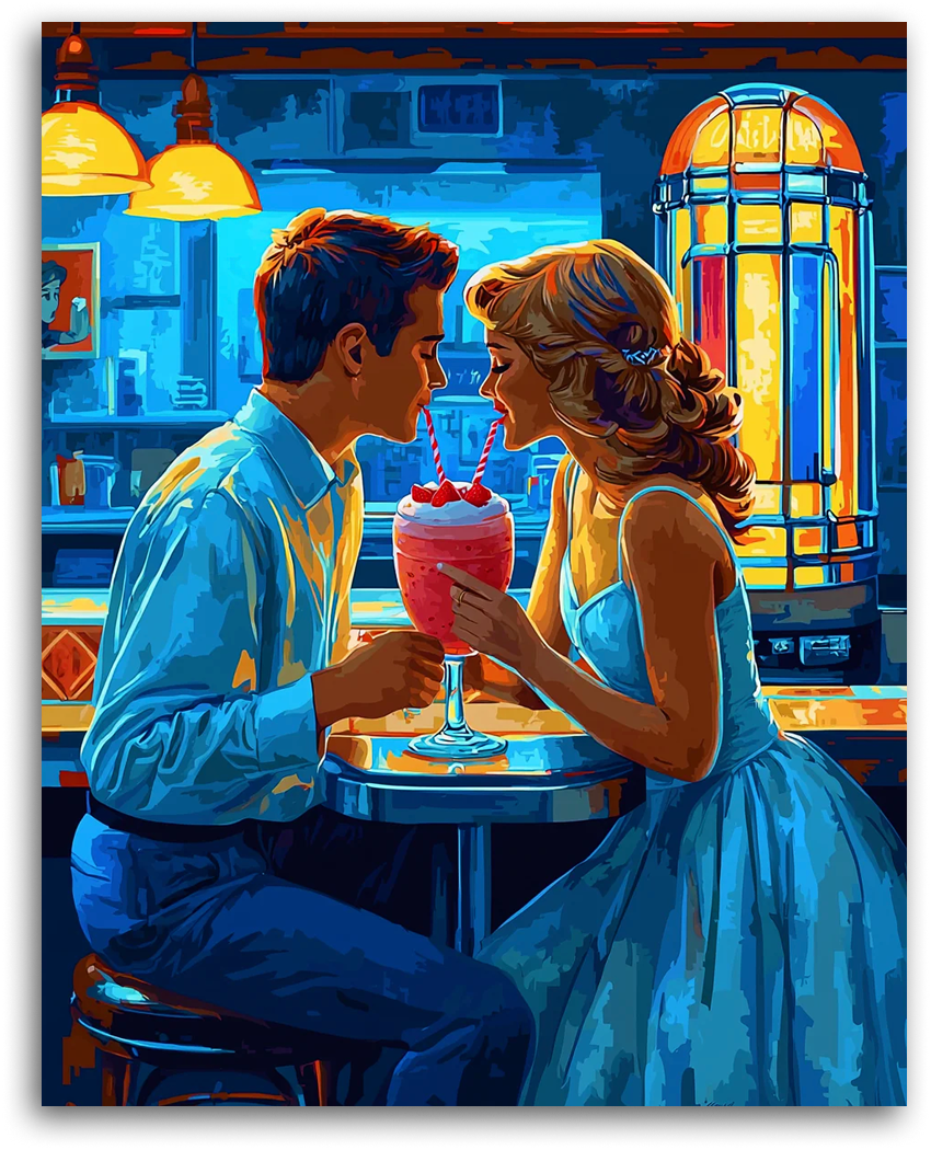 Obraz przedstawiający parę na pierwszej randce, dzielącą się koktajlem w retro restauracji.