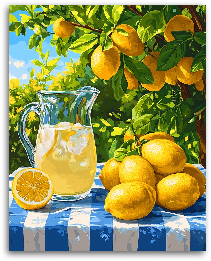 Cytrynowa Lemoniada – Malowanie Po Numerach | Zestaw Malarski Obraz przedstawiający dzbanek lemoniady z lodem i świeże cytryny na tle zielonych drzew cytrynowych.